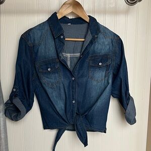 Tied Front Denim Shirt - Dark Wash